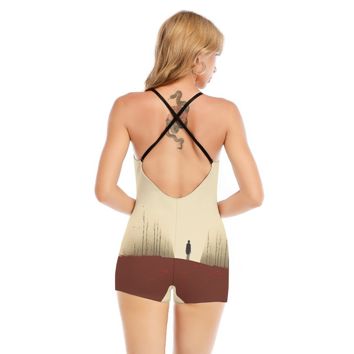 All-Over Print Women's Backless Romper With Black Straps