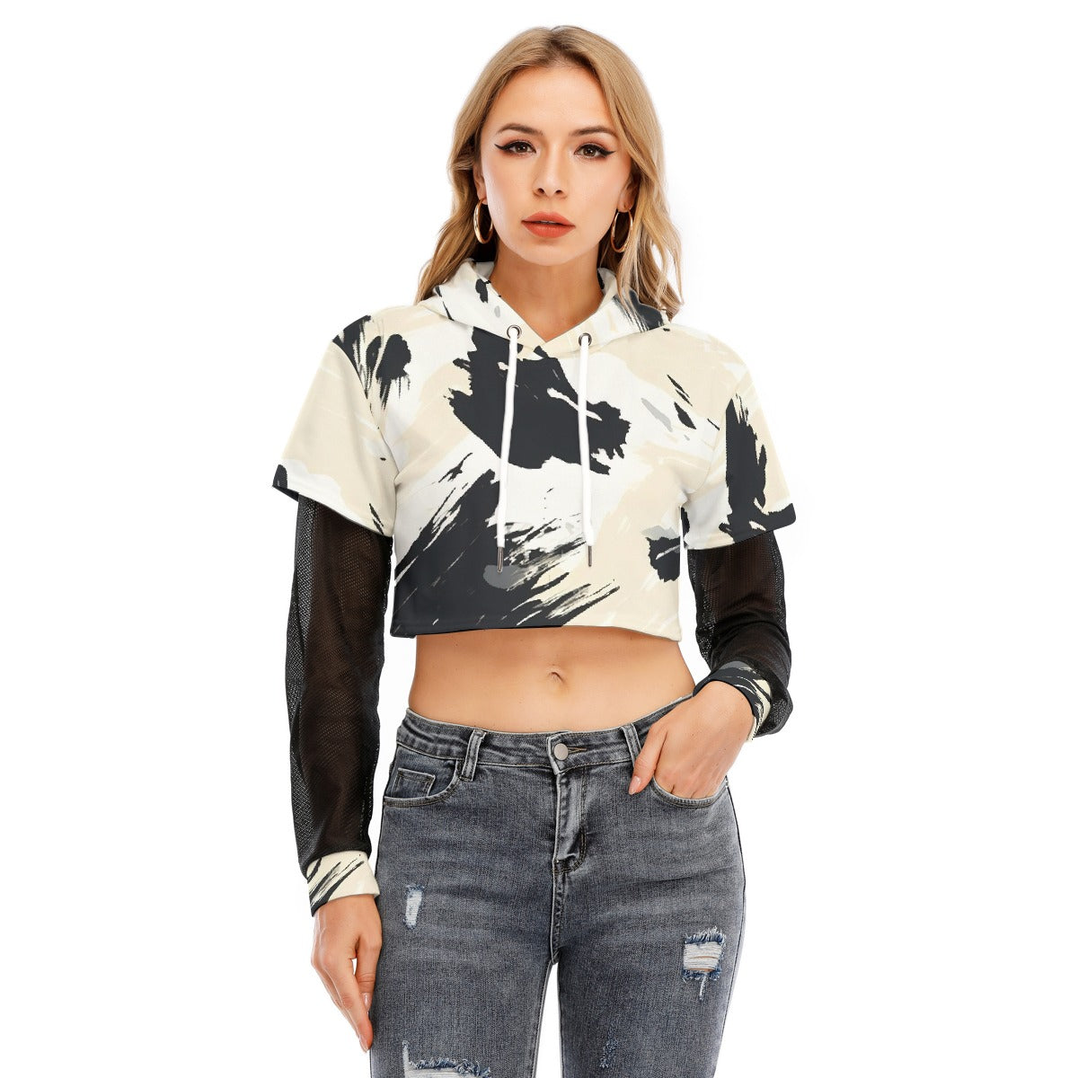 All-Over Print Women's Fake Two-piece Mesh Sleeve Cropped Hoodie