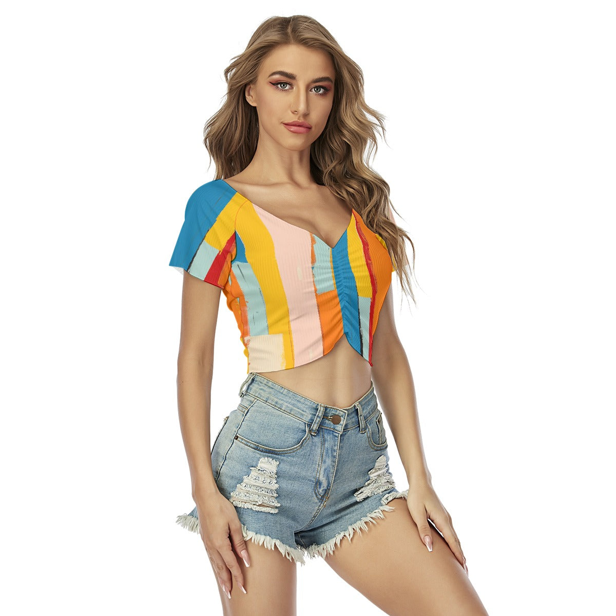 All-Over Print Women's Raglan Drawstring Front  Crop Tee
