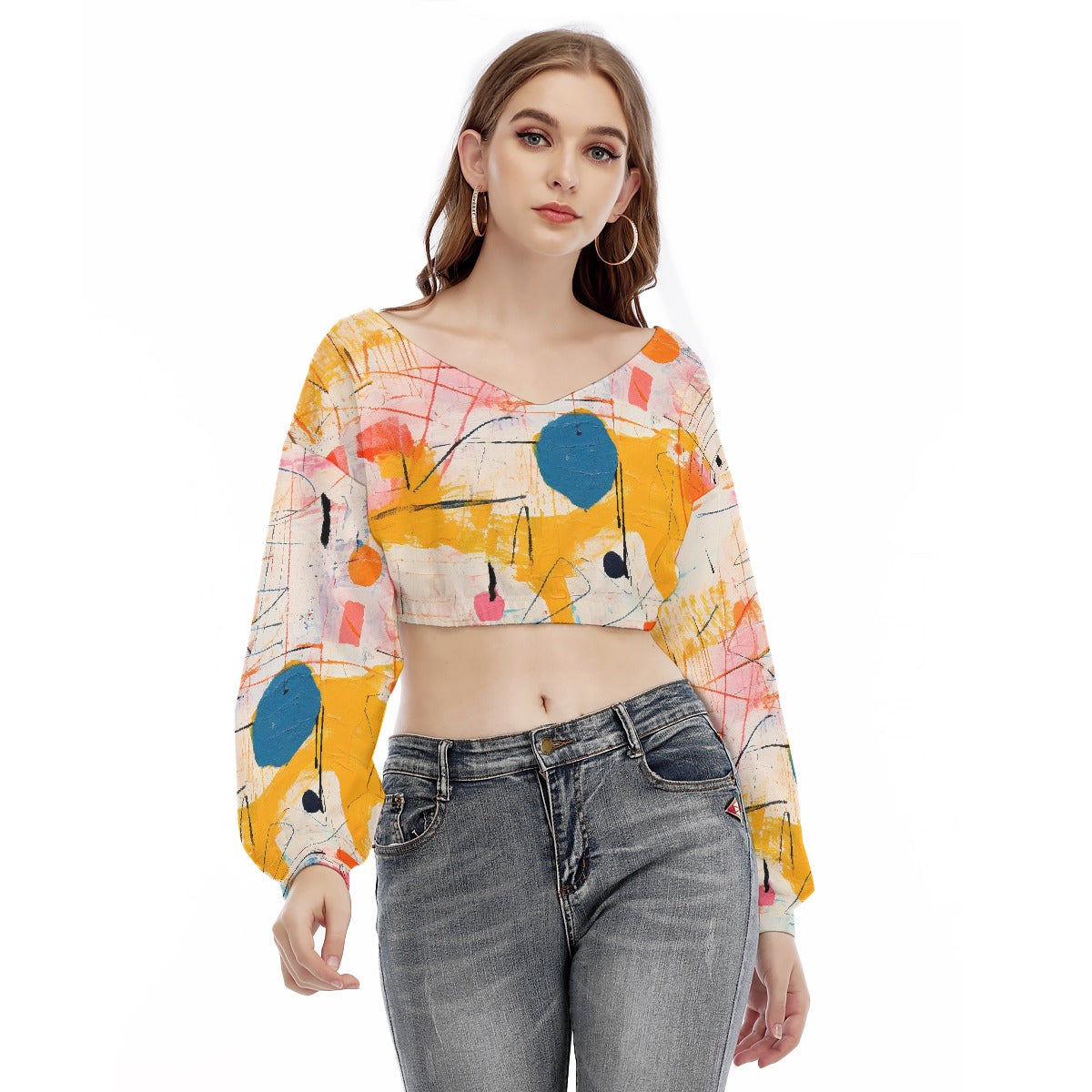 All-Over Print Women's V-neck Long Sleeve Cropped Sweatshirt
