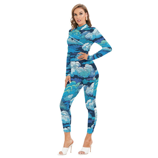 All-Over Print Women's Long-sleeved High-neck Jumpsuit With Zipper
