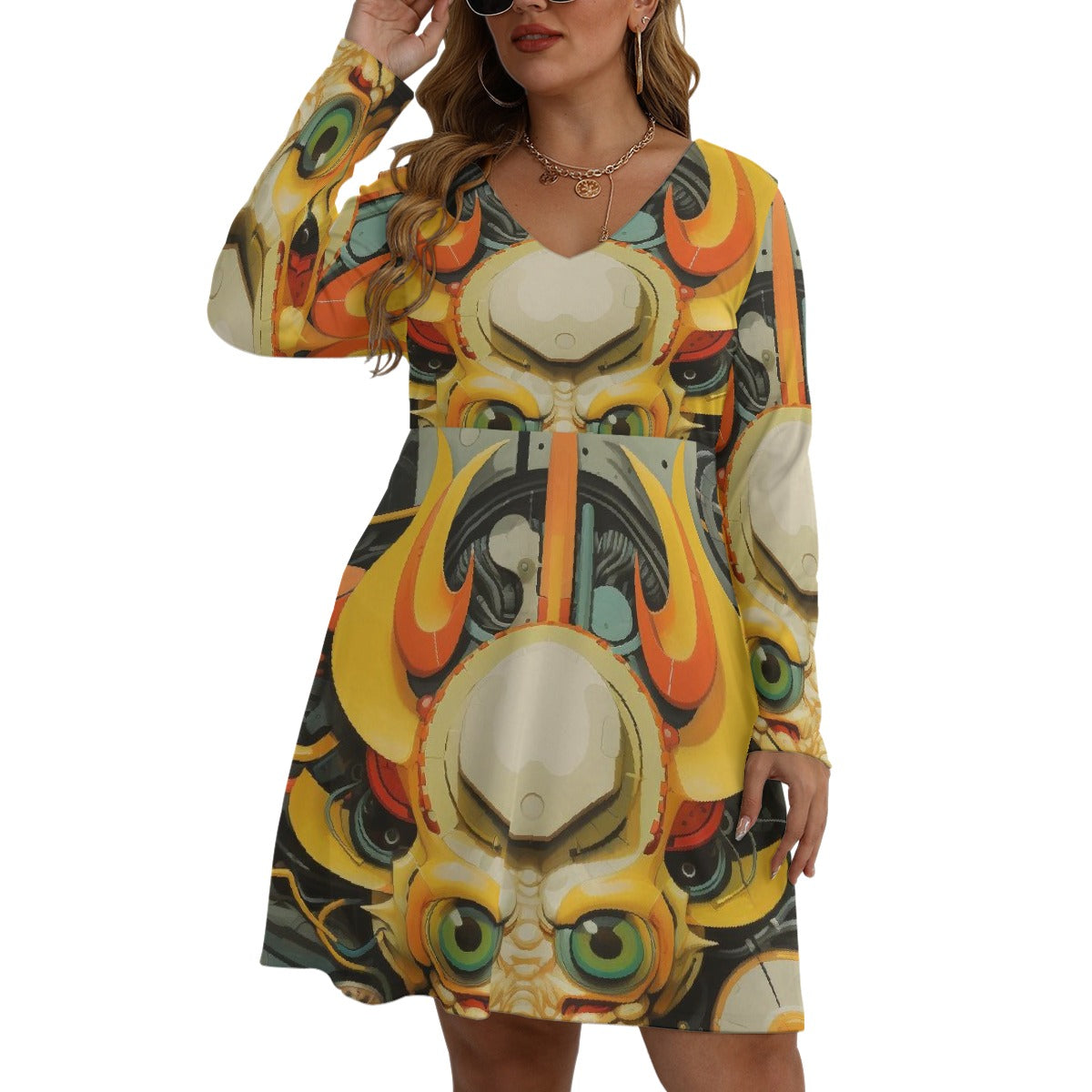 All-Over Print Women's V-neck Long Sleeve Dress(Plus Size)