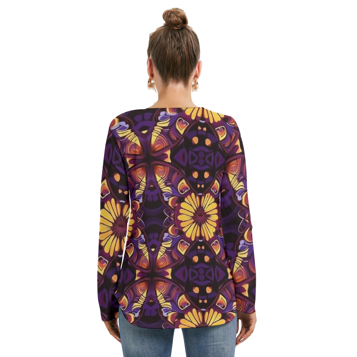 All-Over Print Women's Long Sleeve Neckline Tie Sweatshirt