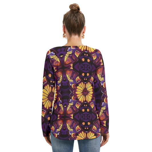 All-Over Print Women's Long Sleeve Neckline Tie Sweatshirt