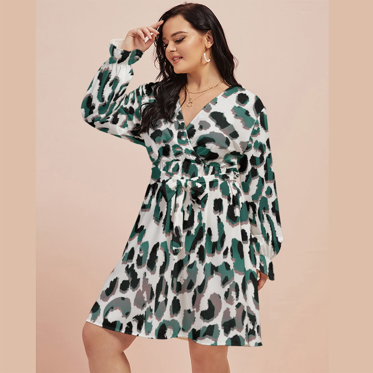All-Over Print Women's V-neck Dress With Waistband(Plus Size)