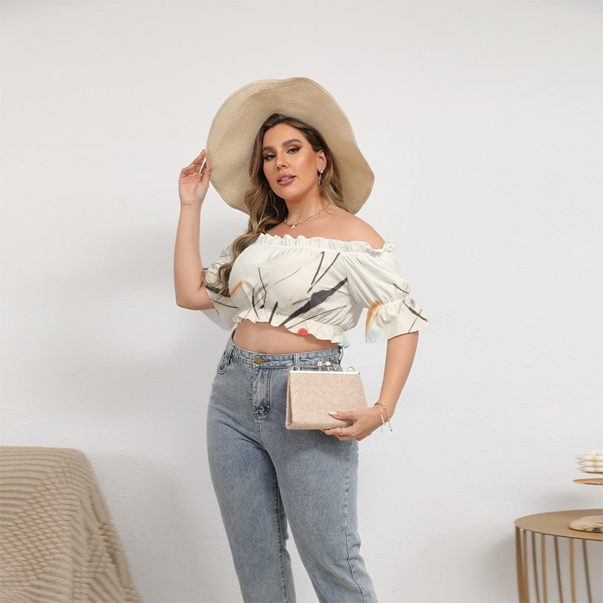 All-Over Print Women's Off-shoulder Cropped Top With Short Puff Sleeve
