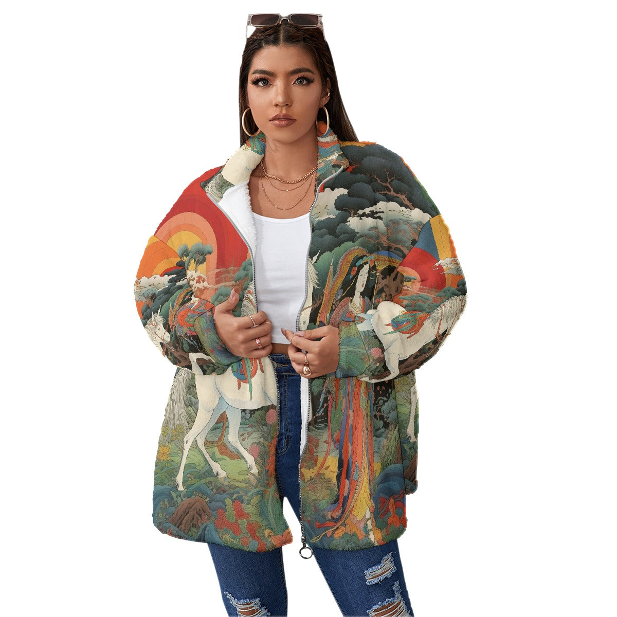 All-Over Print Unisex Borg Fleece Stand-up Collar Coat With Zipper Closure(Plus Size)