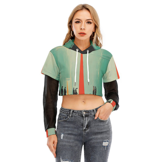 All-Over Print Women's Fake Two-piece Mesh Sleeve Cropped Hoodie