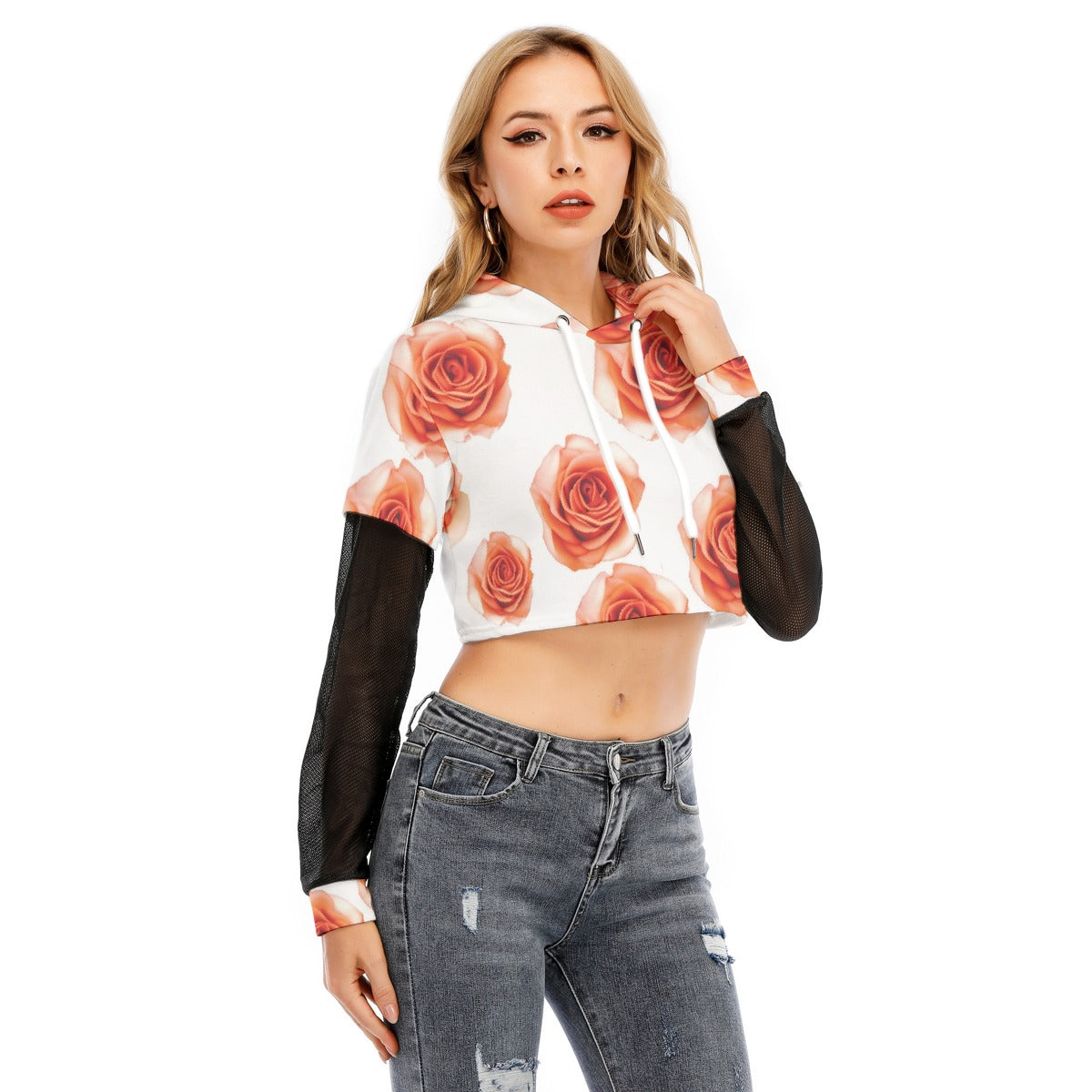 All-Over Print Women's Fake Two-piece Mesh Sleeve Cropped Hoodie
