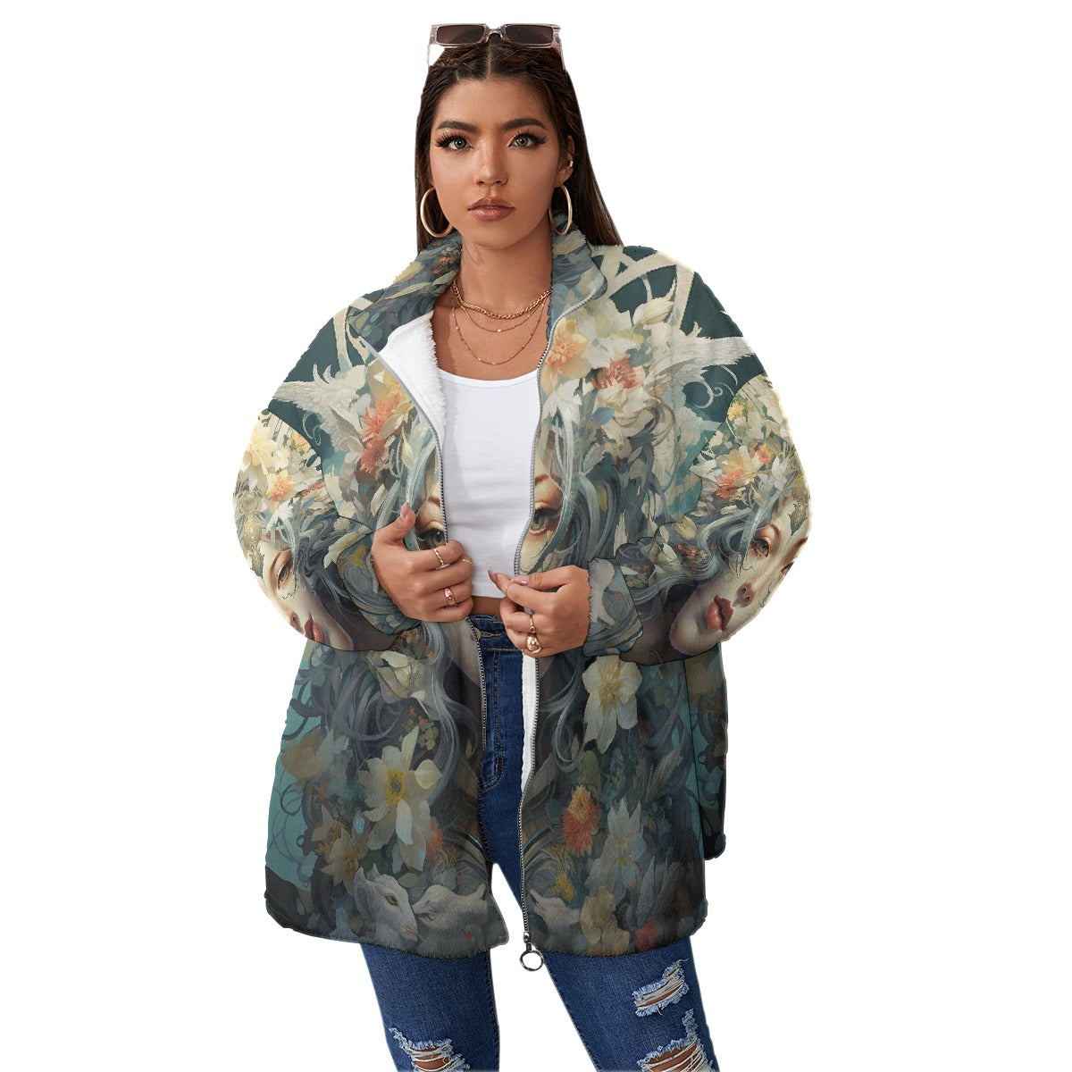All-Over Print Unisex Borg Fleece Stand-up Collar Coat With Zipper Closure(Plus Size)