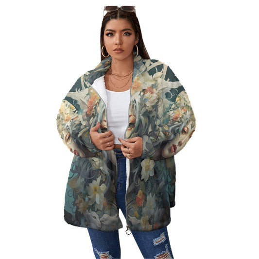 All-Over Print Unisex Borg Fleece Stand-up Collar Coat With Zipper Closure(Plus Size)