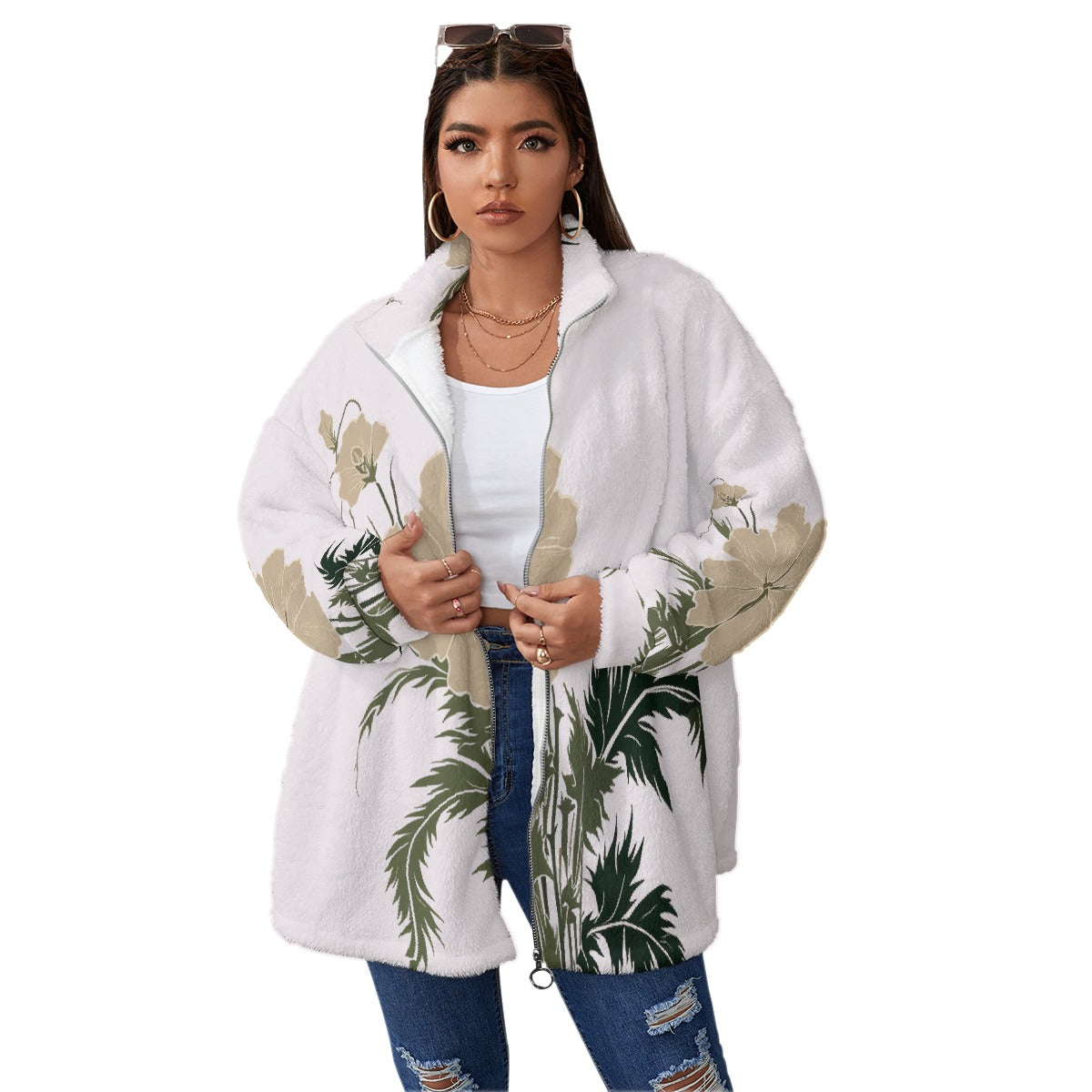 All-Over Print Unisex Borg Fleece Stand-up Collar Coat With Zipper Closure(Plus Size)