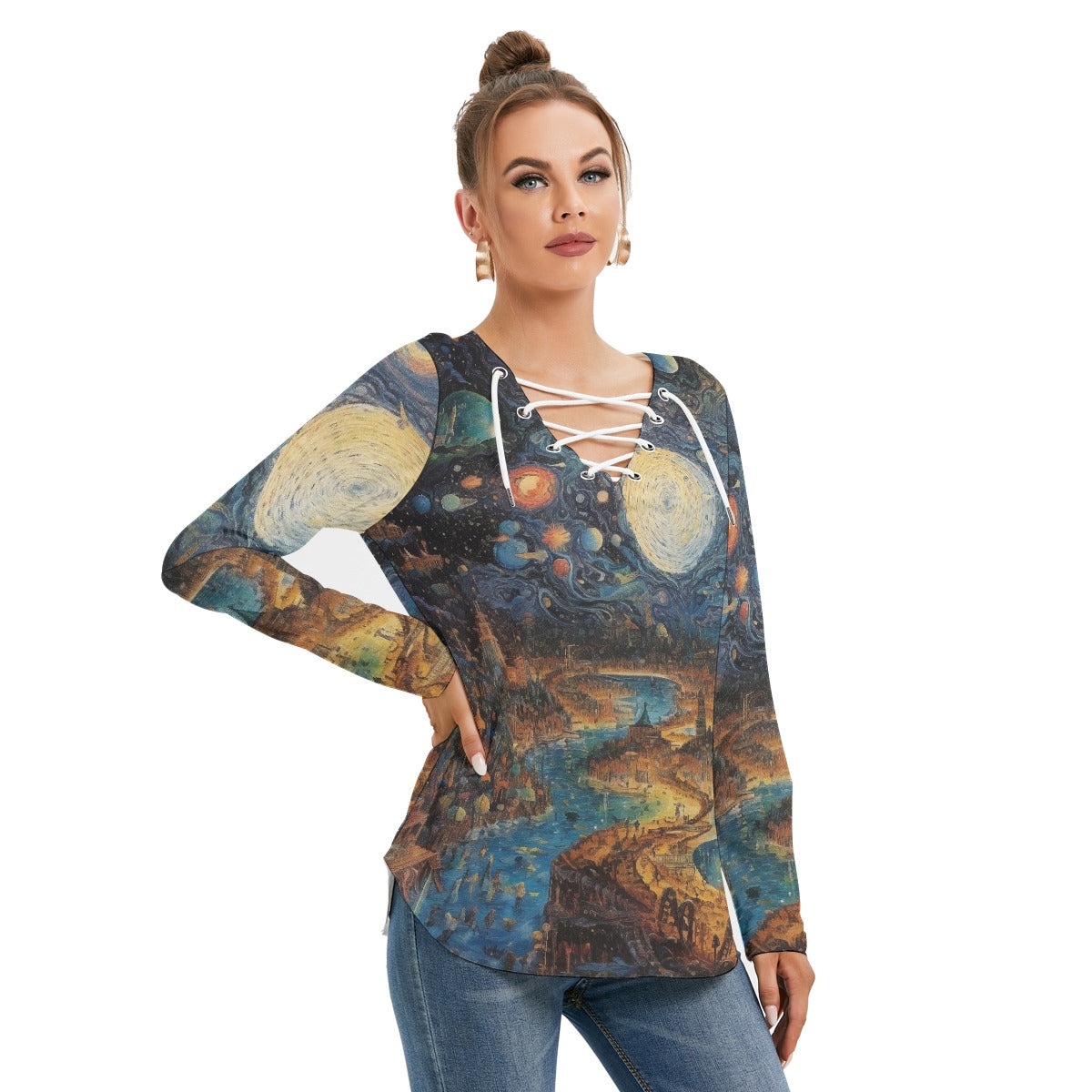 All-Over Print Women's Long Sleeve Neckline Tie Sweatshirt