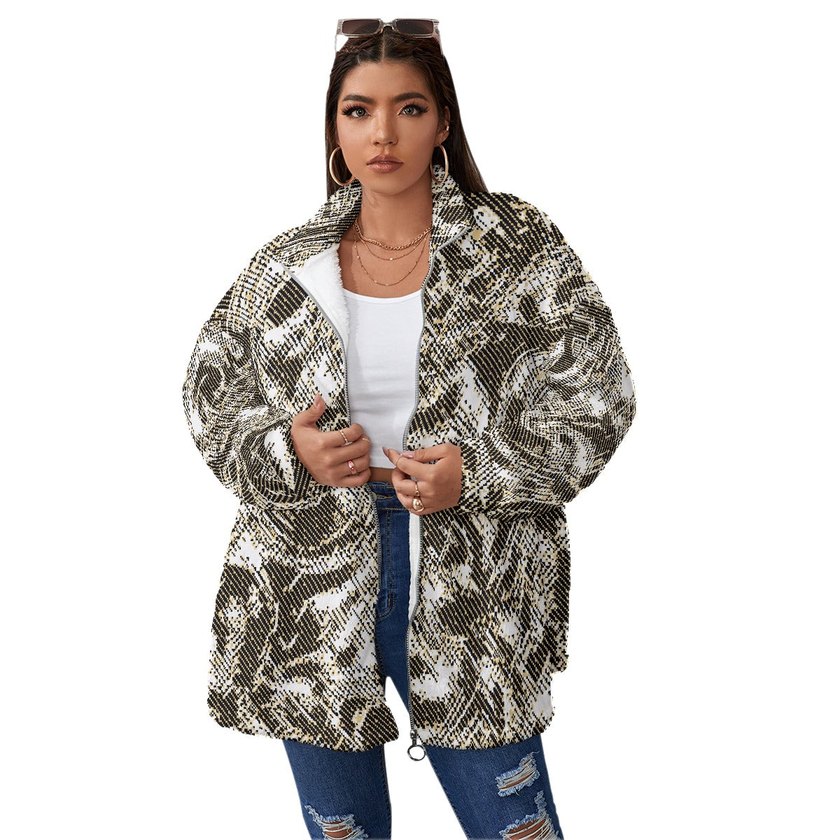 All-Over Print Unisex Borg Fleece Stand-up Collar Coat With Zipper Closure(Plus Size)