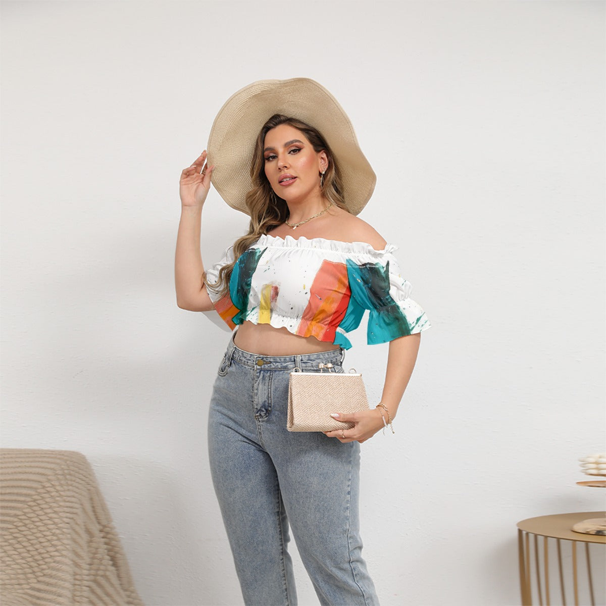 All-Over Print Women's Off-shoulder Cropped Top With Short Puff Sleeve