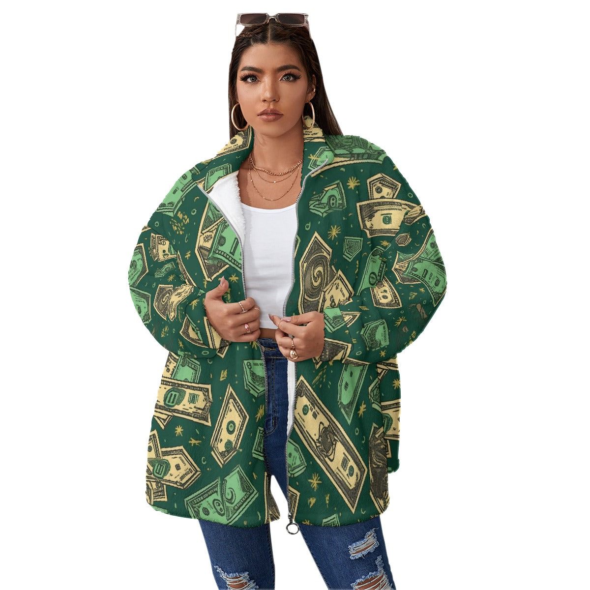 All-Over Print Unisex Borg Fleece Stand-up Collar Coat With Zipper Closure(Plus Size)