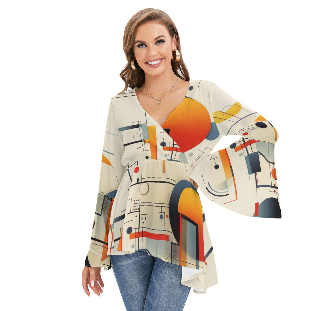 All-Over Print Women's V-neck Blouse With Flared Sleeves