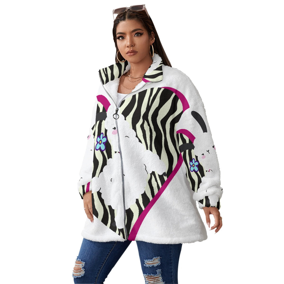 All-Over Print Unisex Borg Fleece Stand-up Collar Coat With Zipper Closure(Plus Size)