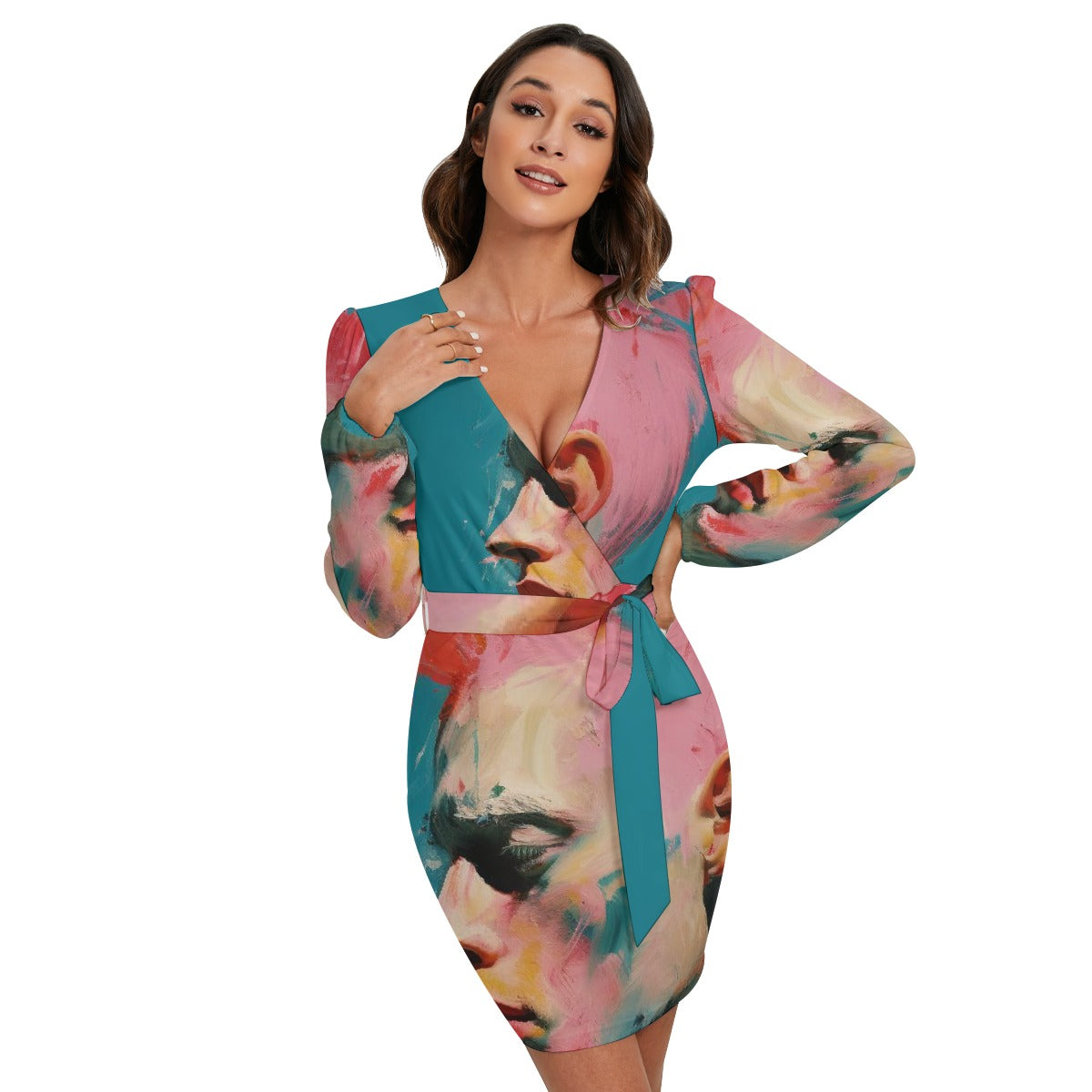 All-Over Print Women's Long Sleeve Dress With Waist Belt