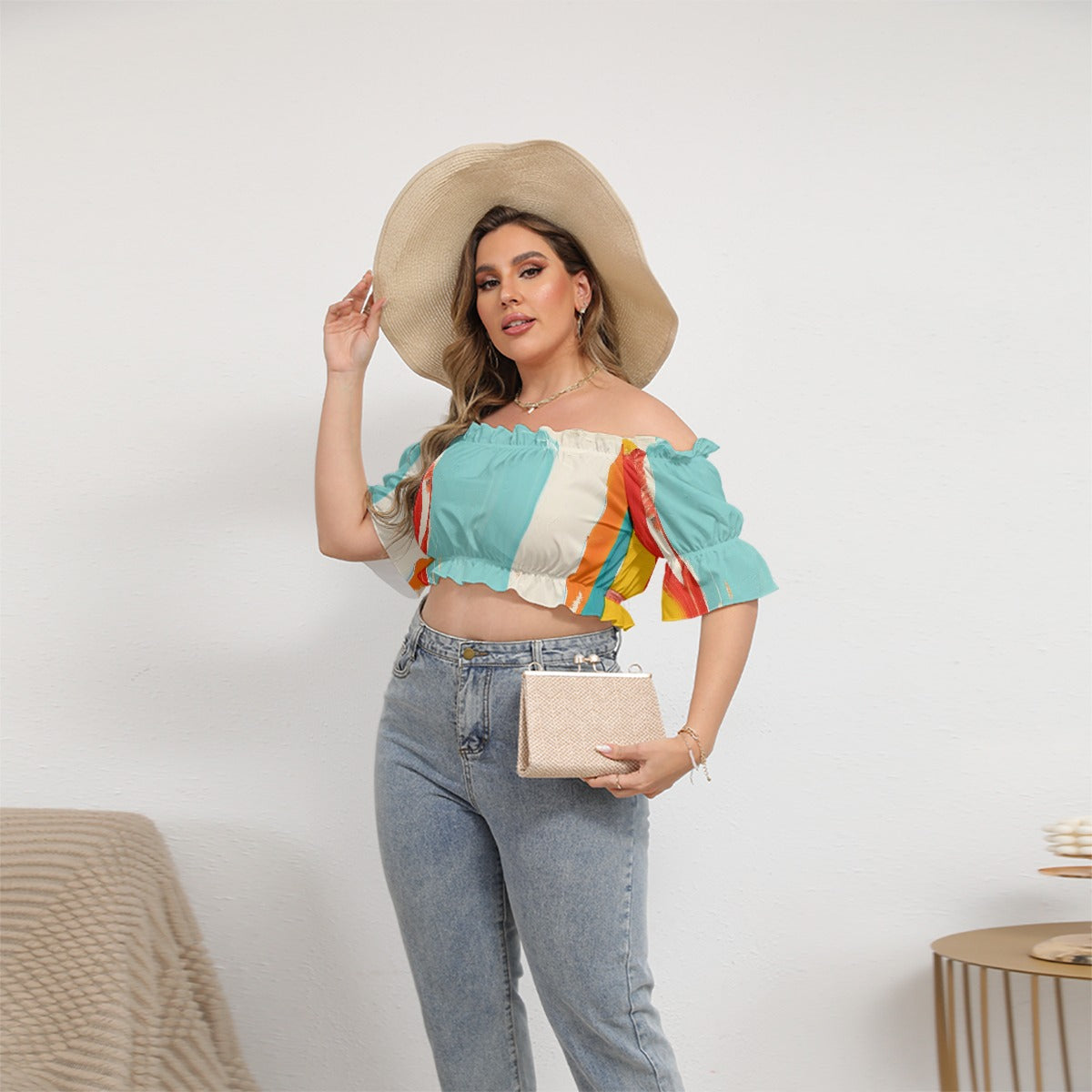 All-Over Print Women's Off-shoulder Cropped Top With Short Puff Sleeve