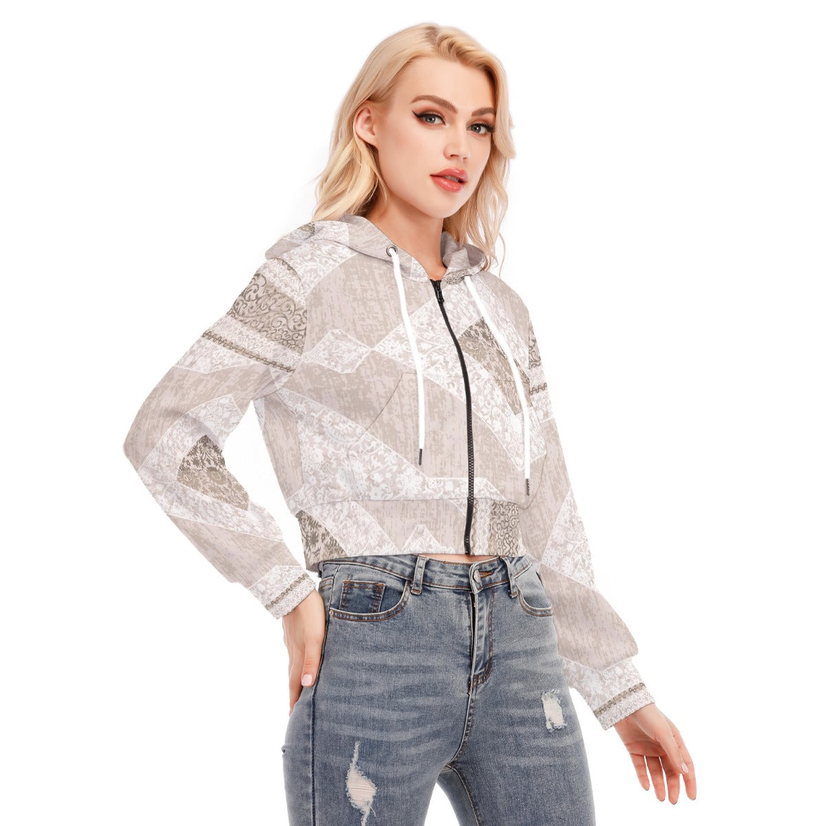 All-Over Print Women's Crop Top Hoodie With Zipper Closure