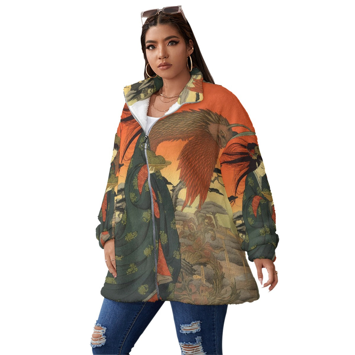 All-Over Print Unisex Borg Fleece Stand-up Collar Coat With Zipper Closure(Plus Size)