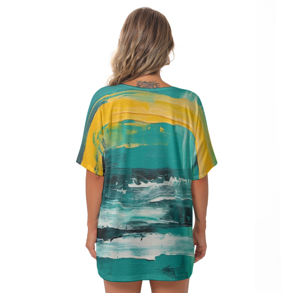 All-Over Print Women's Bat Sleeves V-Neck Blouse