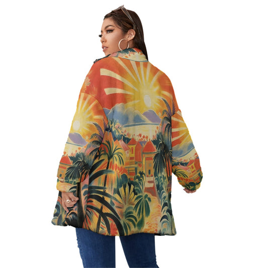 All-Over Print Unisex Borg Fleece Stand-up Collar Coat With Zipper Closure(Plus Size)