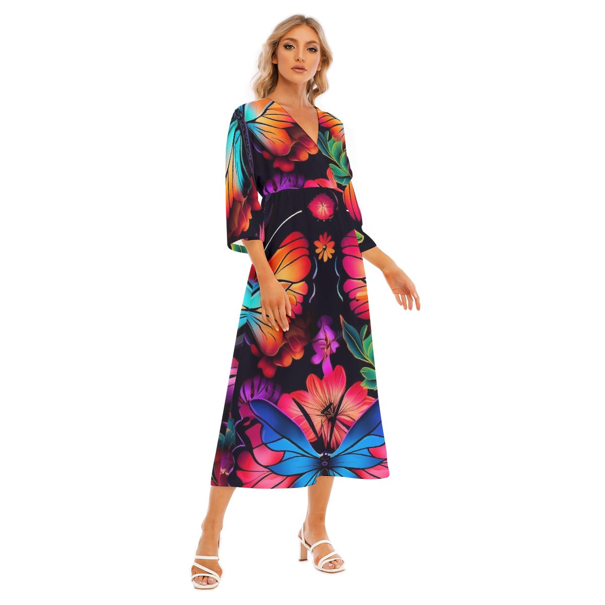 All-Over Print Women's Mid-Sleeve Long Dress