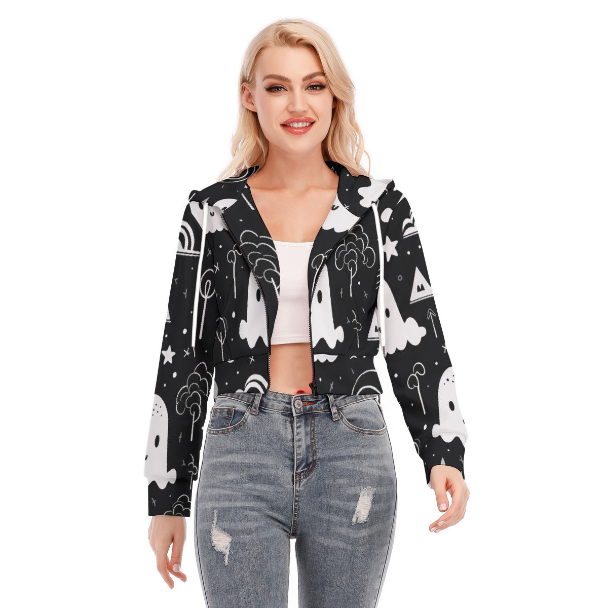 All-Over Print Women's Crop Top Hoodie With Zipper Closure