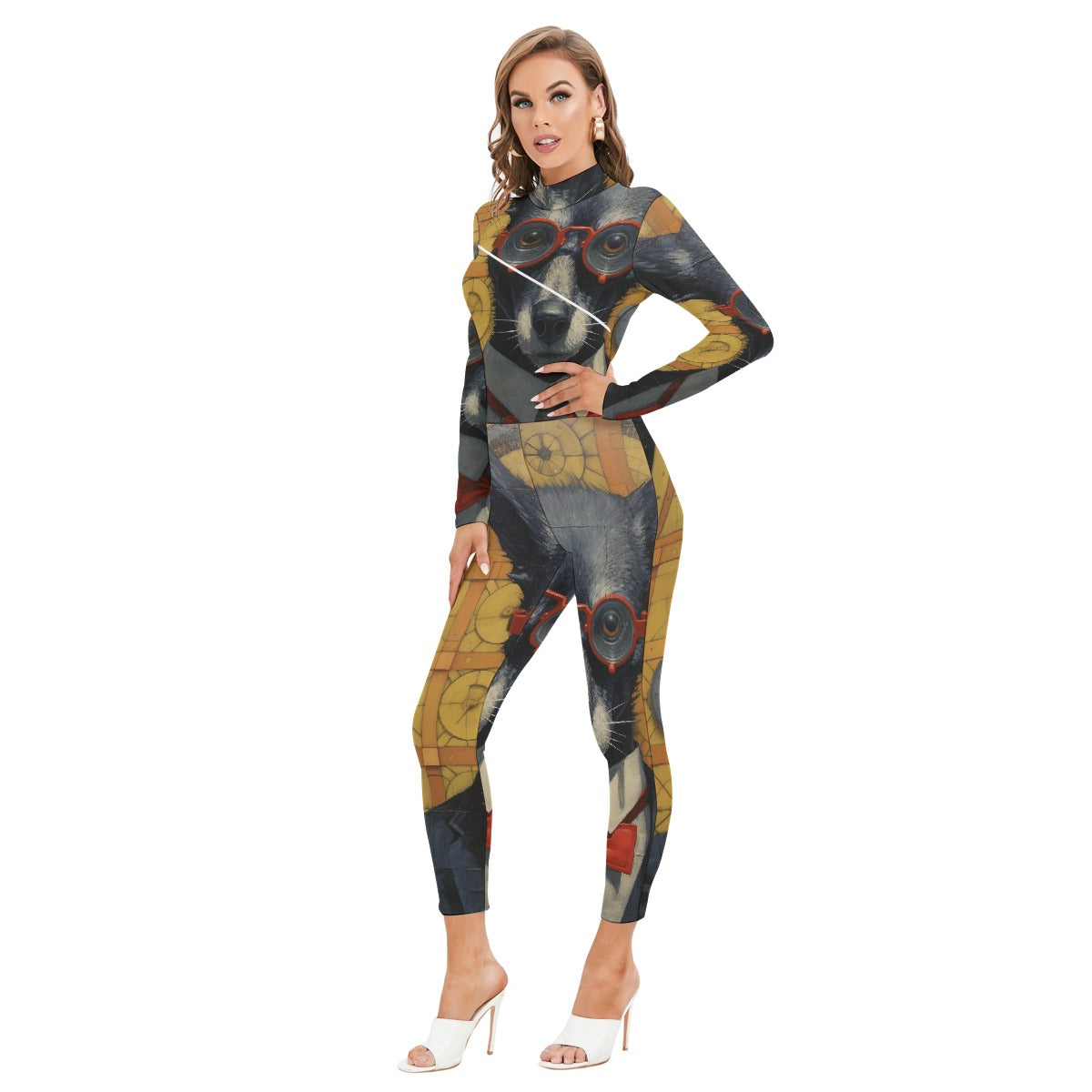 All-Over Print Women's Long-sleeved High-neck Jumpsuit With Zipper