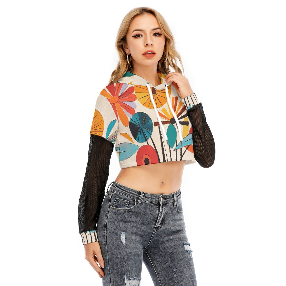 All-Over Print Women's Fake Two-piece Mesh Sleeve Cropped Hoodie