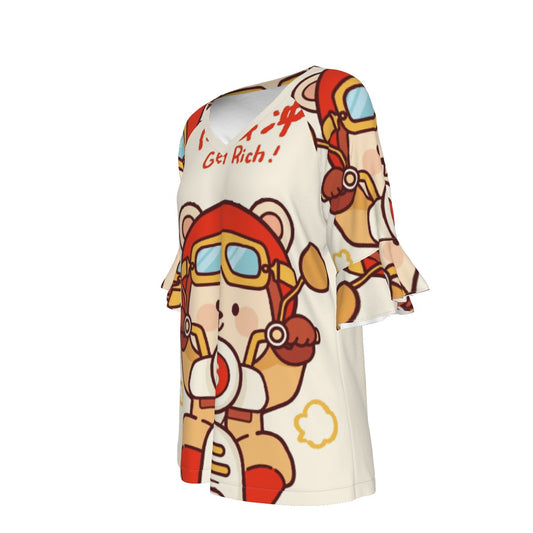 All-Over Print V-neck Women's T-shirt With Bell Sleeve