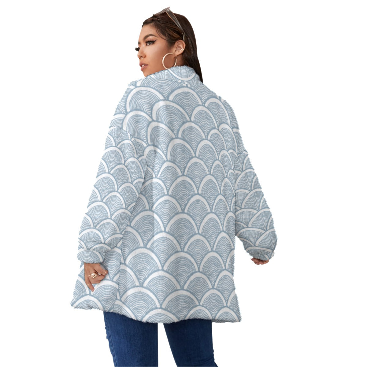 All-Over Print Unisex Borg Fleece Stand-up Collar Coat With Zipper Closure(Plus Size)