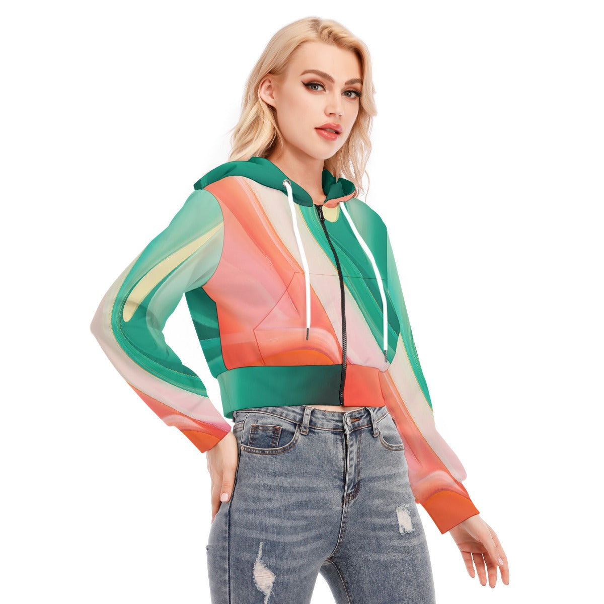 All-Over Print Women's Crop Top Hoodie With Zipper Closure