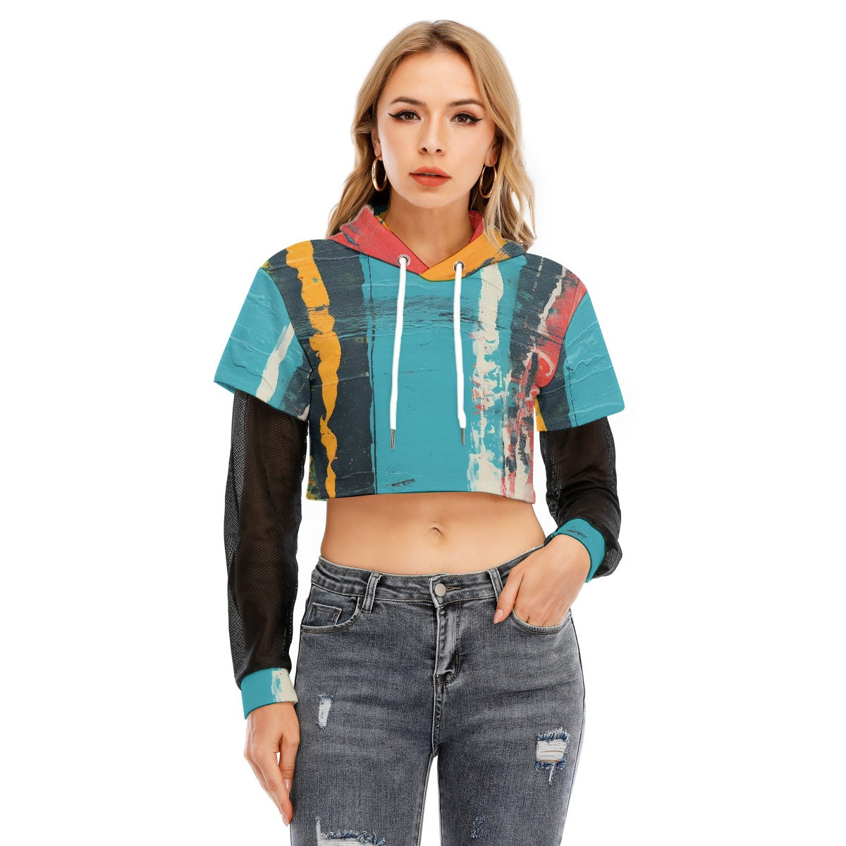 All-Over Print Women's Fake Two-piece Mesh Sleeve Cropped Hoodie