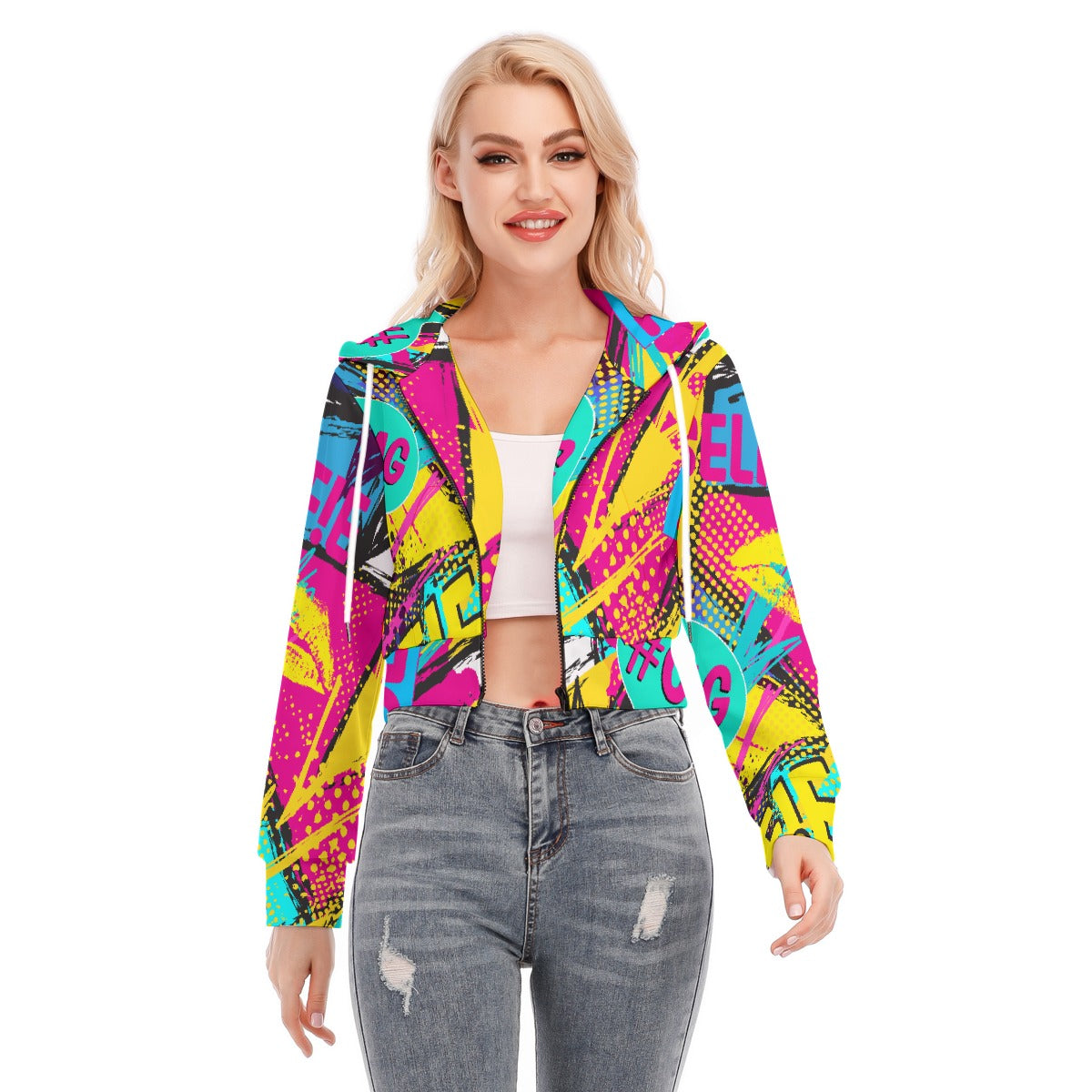 All-Over Print Women's Crop Top Hoodie With Zipper Closure