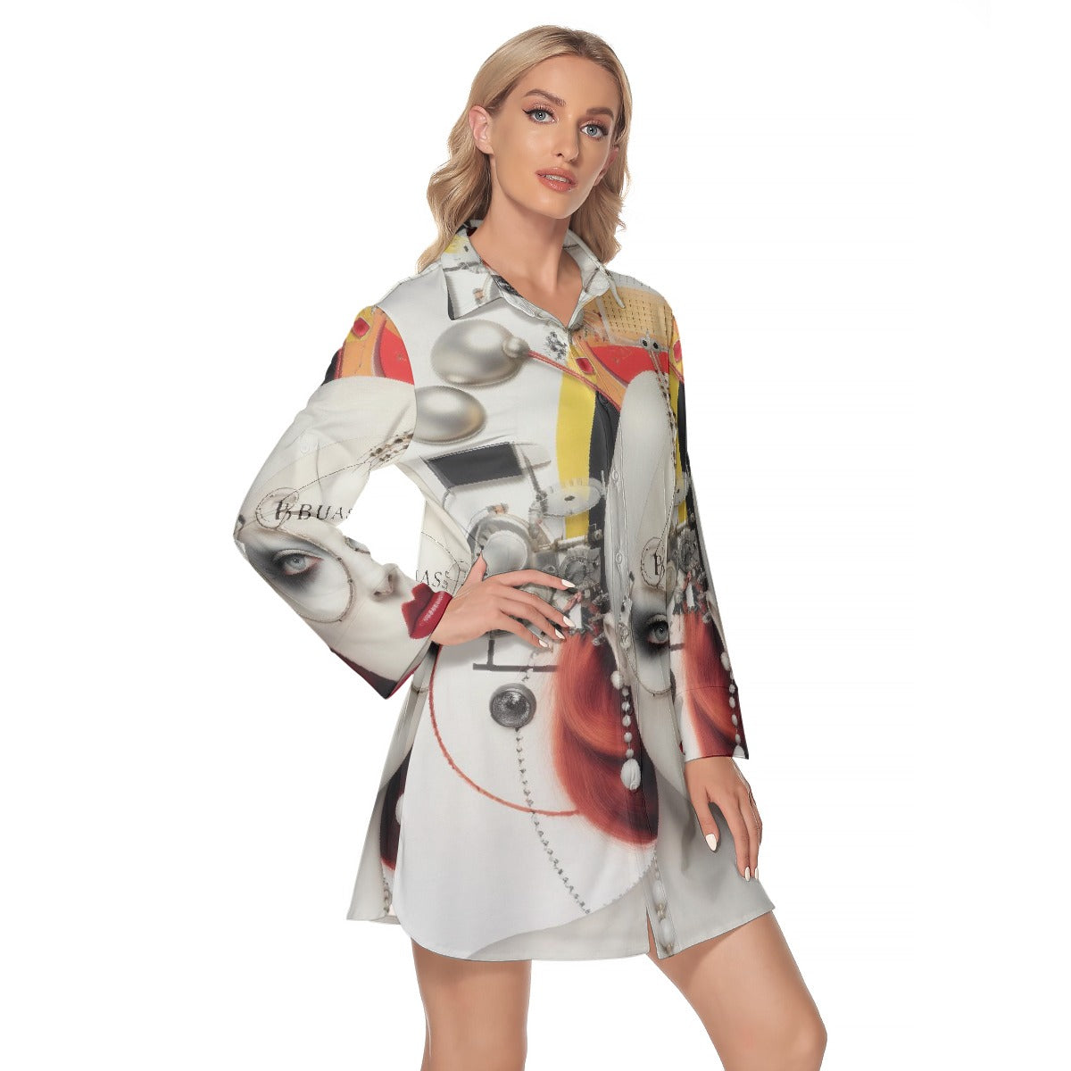 All-Over Print Women's Lapel Shirt Dress With Long Sleeve