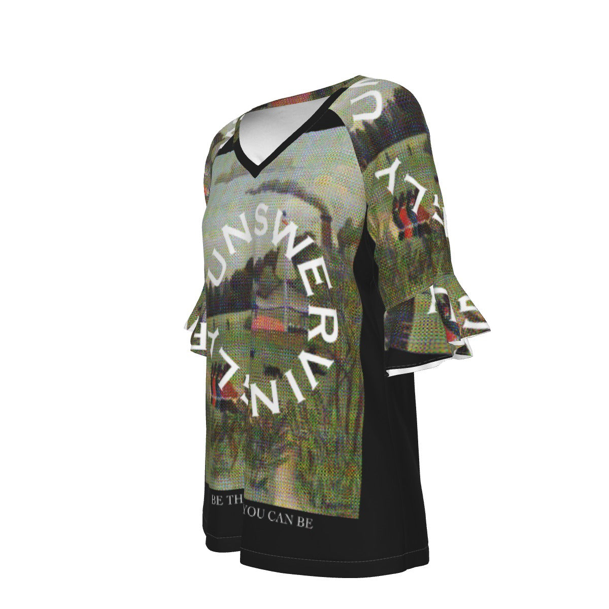 All-Over Print V-neck Women's T-shirt With Bell Sleeve