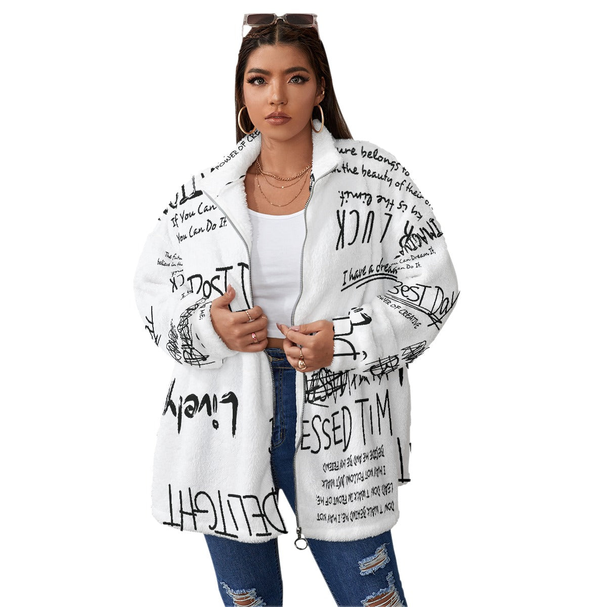 All-Over Print Unisex Borg Fleece Stand-up Collar Coat With Zipper Closure(Plus Size)