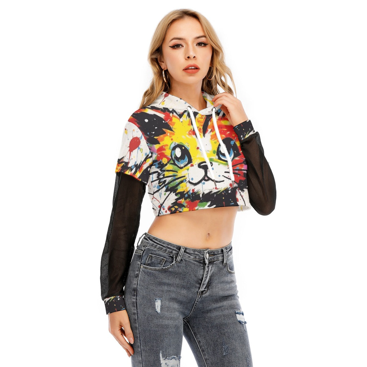 All-Over Print Women's Fake Two-piece Mesh Sleeve Cropped Hoodie