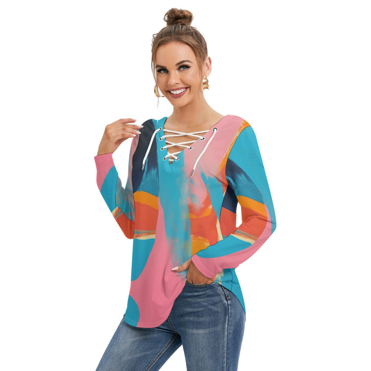 All-Over Print Women's Long Sleeve Neckline Tie Sweatshirt