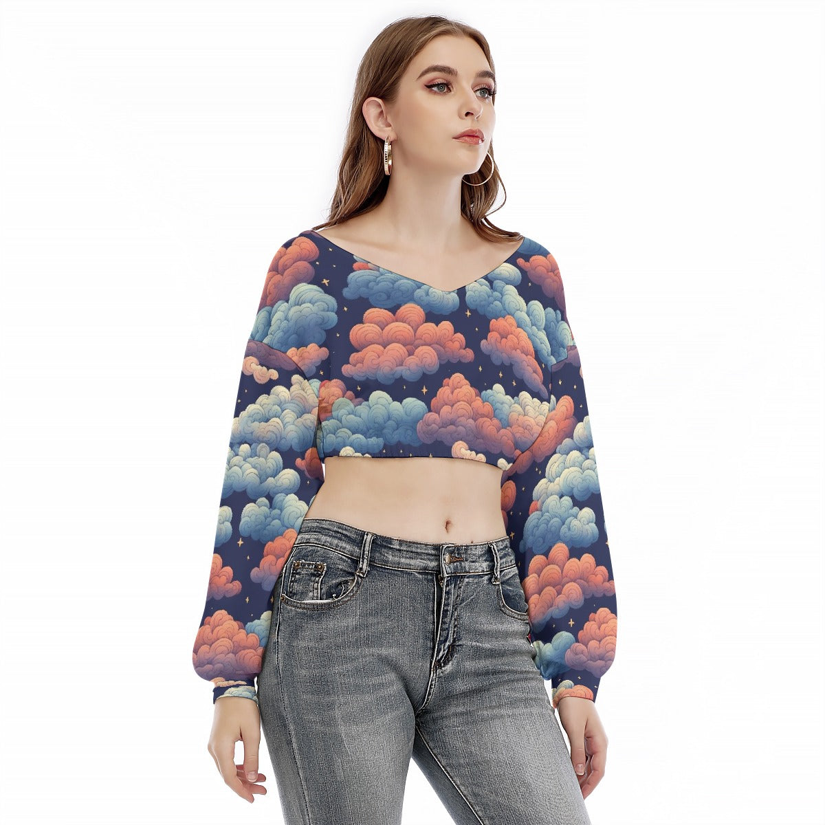 All-Over Print Women's V-neck Long Sleeve Cropped Sweatshirt