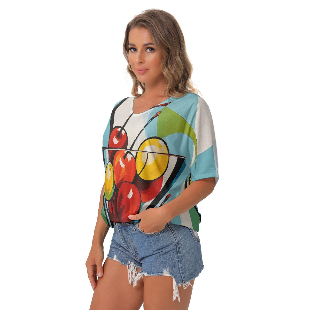 All-Over Print Women's Bat Sleeves V-Neck Blouse