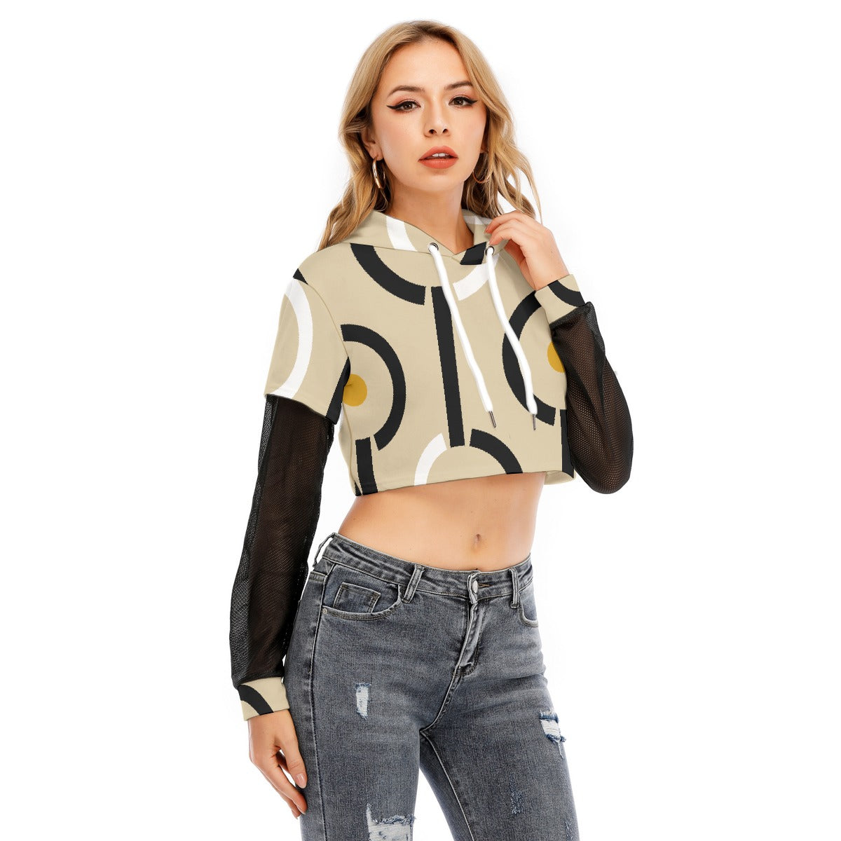 All-Over Print Women's Fake Two-piece Mesh Sleeve Cropped Hoodie