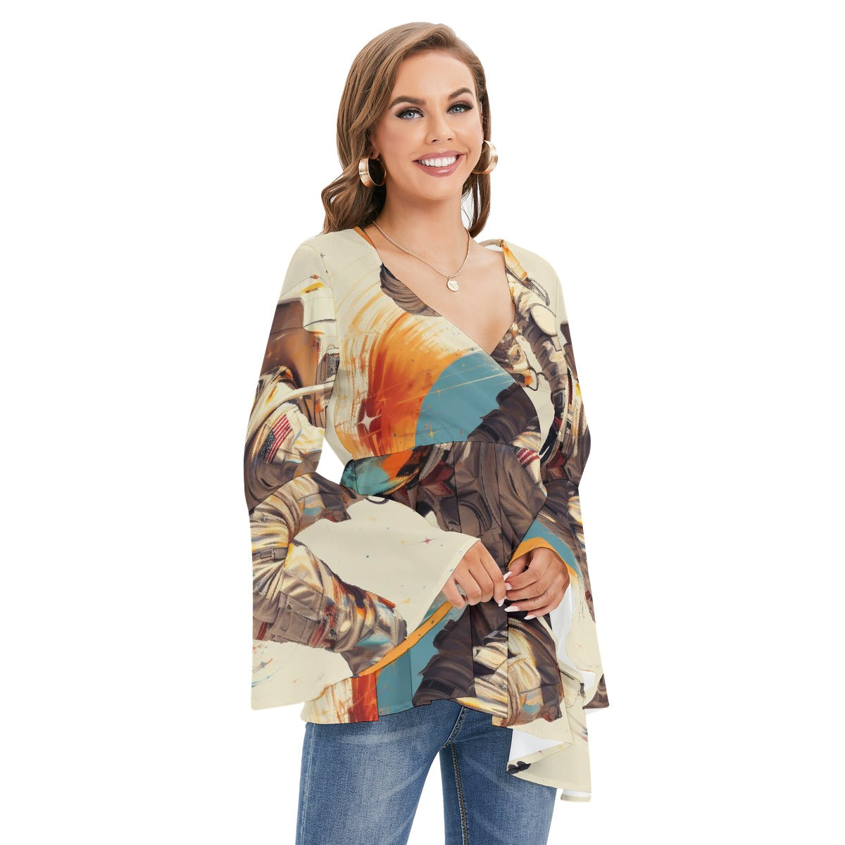 All-Over Print Women's V-neck Blouse With Flared Sleeves