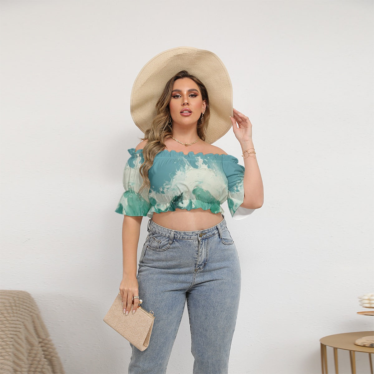 All-Over Print Women's Off-shoulder Cropped Top With Short Puff Sleeve