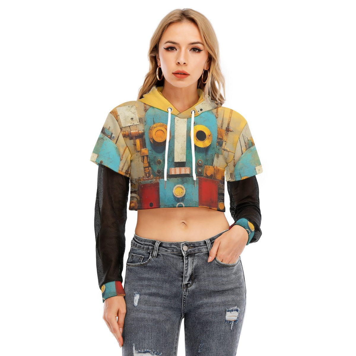 All-Over Print Women's Fake Two-piece Mesh Sleeve Cropped Hoodie