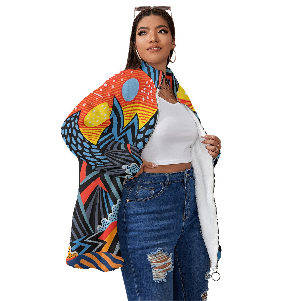 All-Over Print Unisex Borg Fleece Stand-up Collar Coat With Zipper Closure(Plus Size)