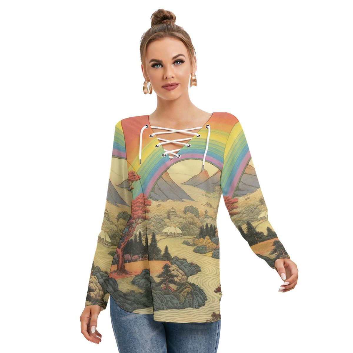 All-Over Print Women's Long Sleeve Neckline Tie Sweatshirt